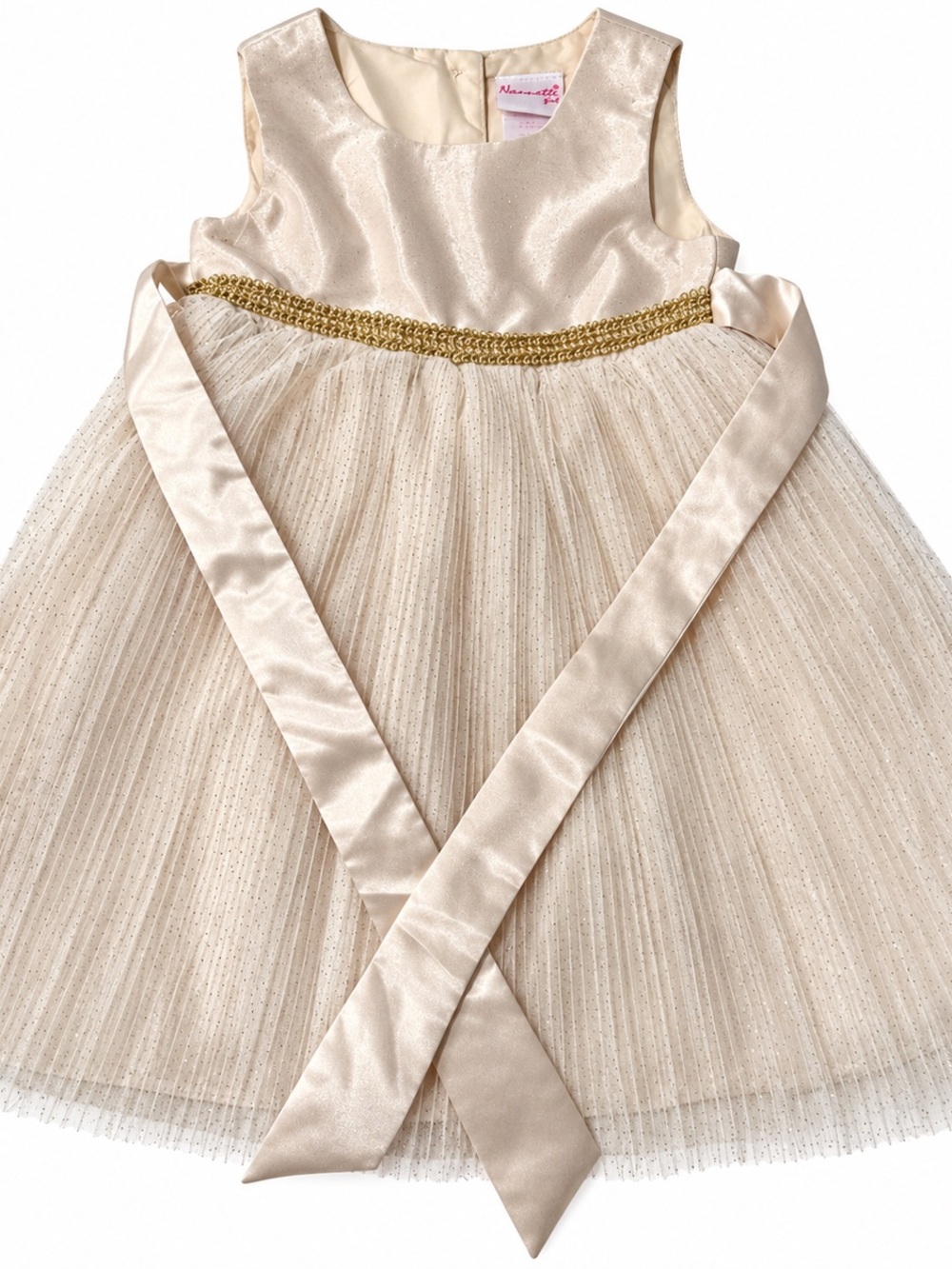 Nannette Girls Ivory Cream Gold Beaded Waist Glitter Tulle Party Dress Size 4T